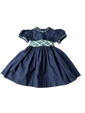 Southern Sunshine Girls Navy Blue Puff-Sleeve Dress with Plaid Waistband Detail